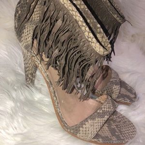 B.Halston Snake print fringe heels